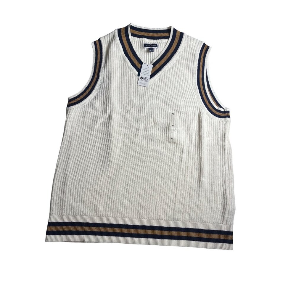 NWT-Club Room mens White Knit Cotton Sweater Vest XL With Striped Trim V-Neck